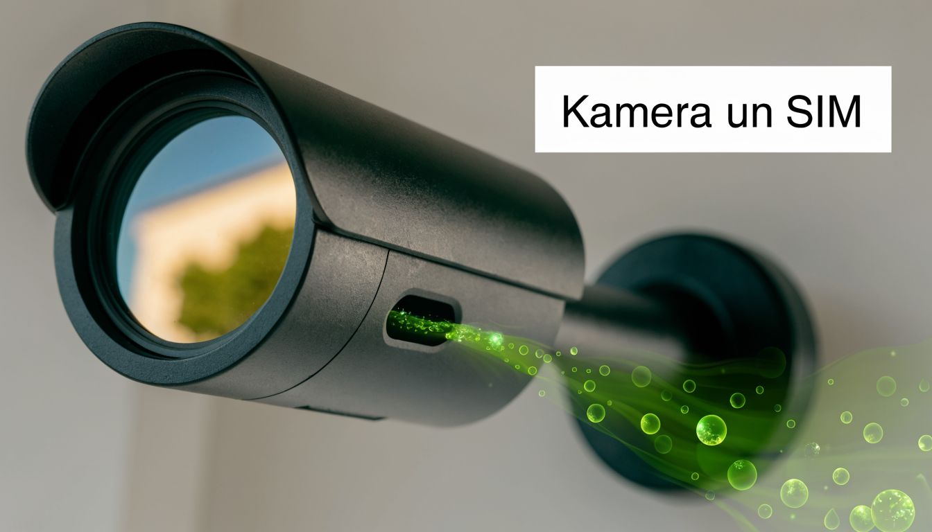 Novērošanas kamera ar ievietotu SIM karti, kas vizualizē bezvadu datu pārraidi un savienojumu ar internetu.