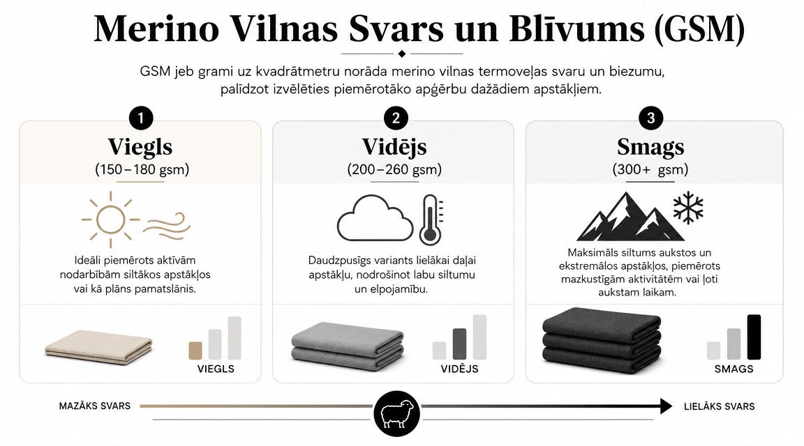 Infografika, kas skaidro merino vilnas auduma svaru un blīvumu, iedalot to trīs kategorijās: viegls, vidējs un smags.