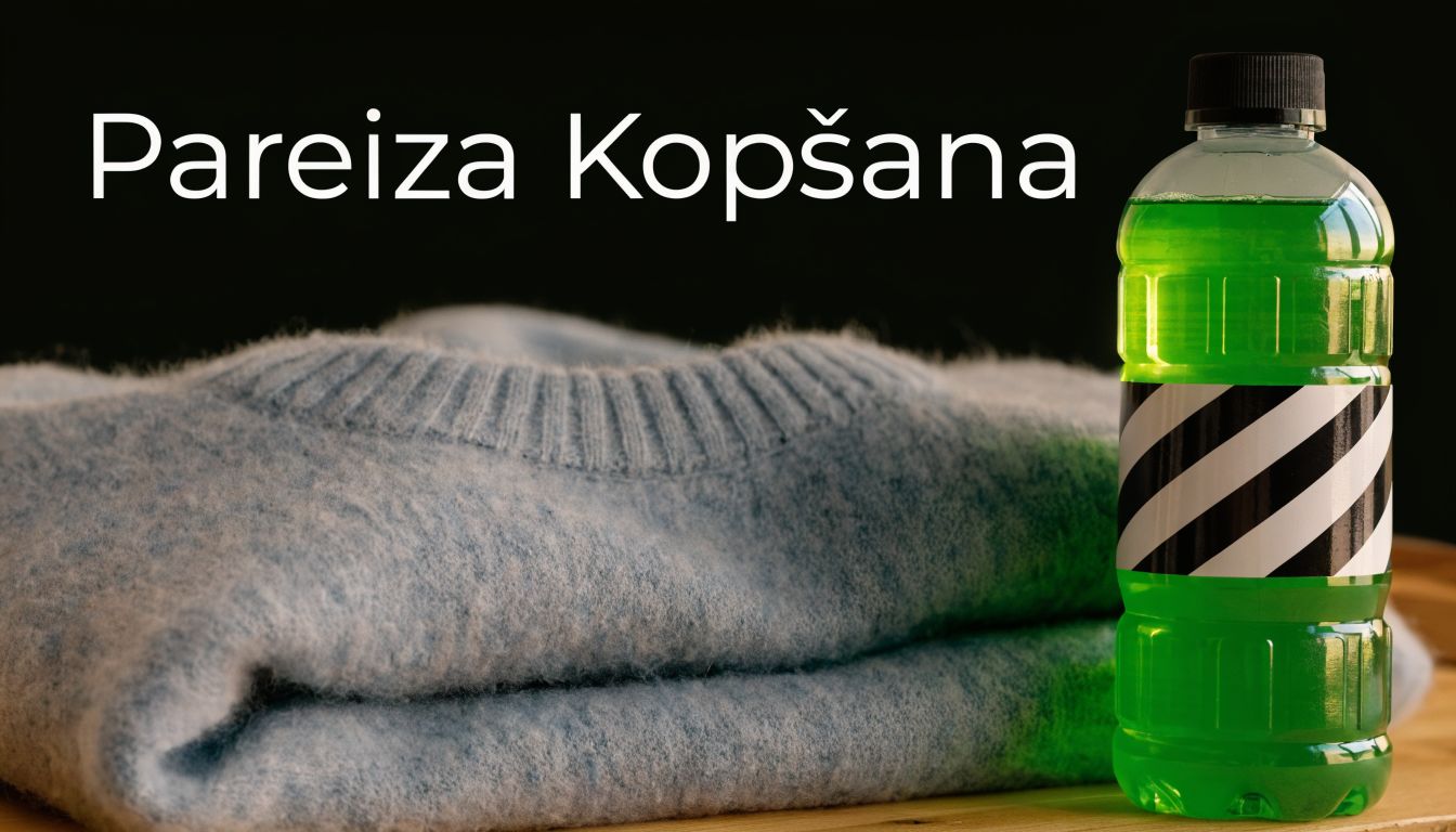 Salocīts gaiši zils merino vilnas džemperis blakus pudelei ar speciālu mazgāšanas līdzekli pareizai kopšanai.