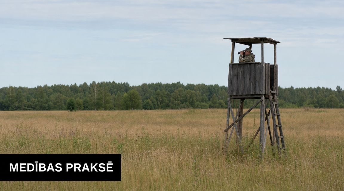 Mednieks sēž koka medību tornī lauka vidū un caur binokli vēro apkārtni meža malā.