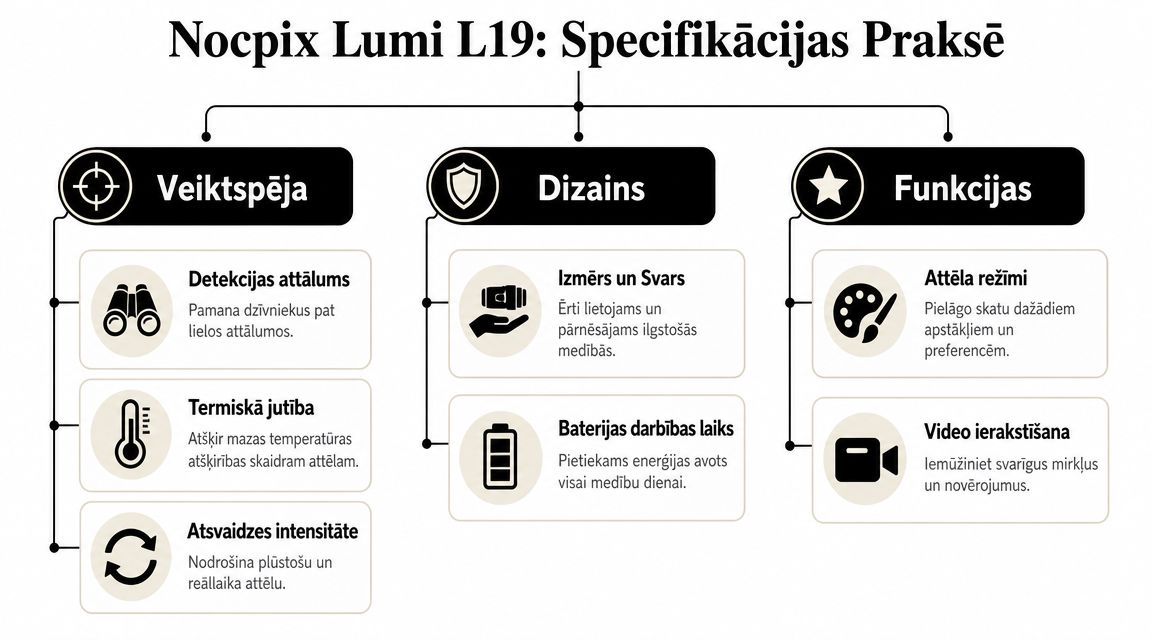 Infografika, kas uzskaita Nocpix Lumi L19 termovizora tehniskās specifikācijas, iedalot tās veiktspējas, dizaina un funkciju kategorijās.