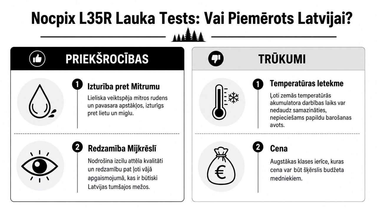 Infografika par Nocpix L35R termokameras testu, norādot tās galvenās priekšrocības un trūkumus izmantošanai Latvijas apstākļos.