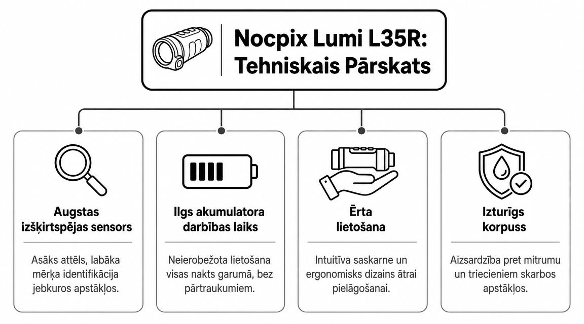 Nocpix Lumi L35R termovizora tehniskais pārskats, kas uzsver sensora izšķirtspēju, akumulatora darbības laiku, ergonomiku un izturīgo korpusu.