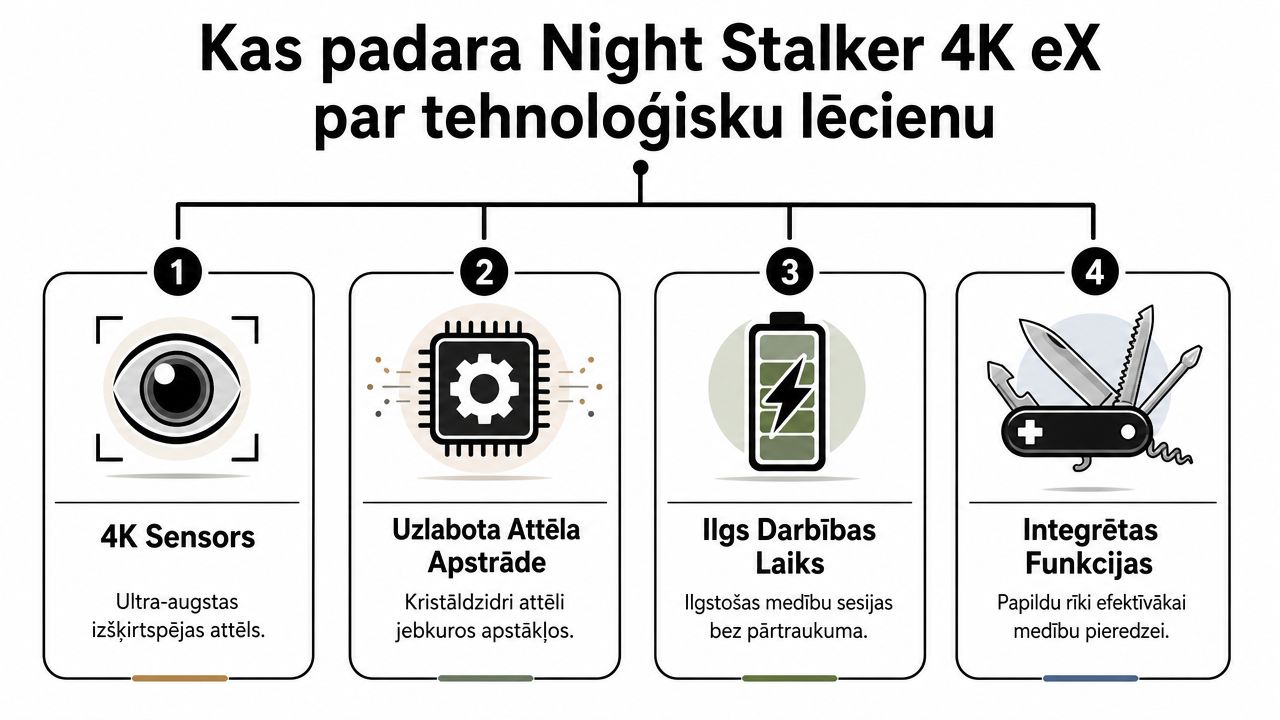 Infografika, kas skaidro četras galvenās Night Stalker 4K eX ierīces priekšrocības medībām un novērošanai.