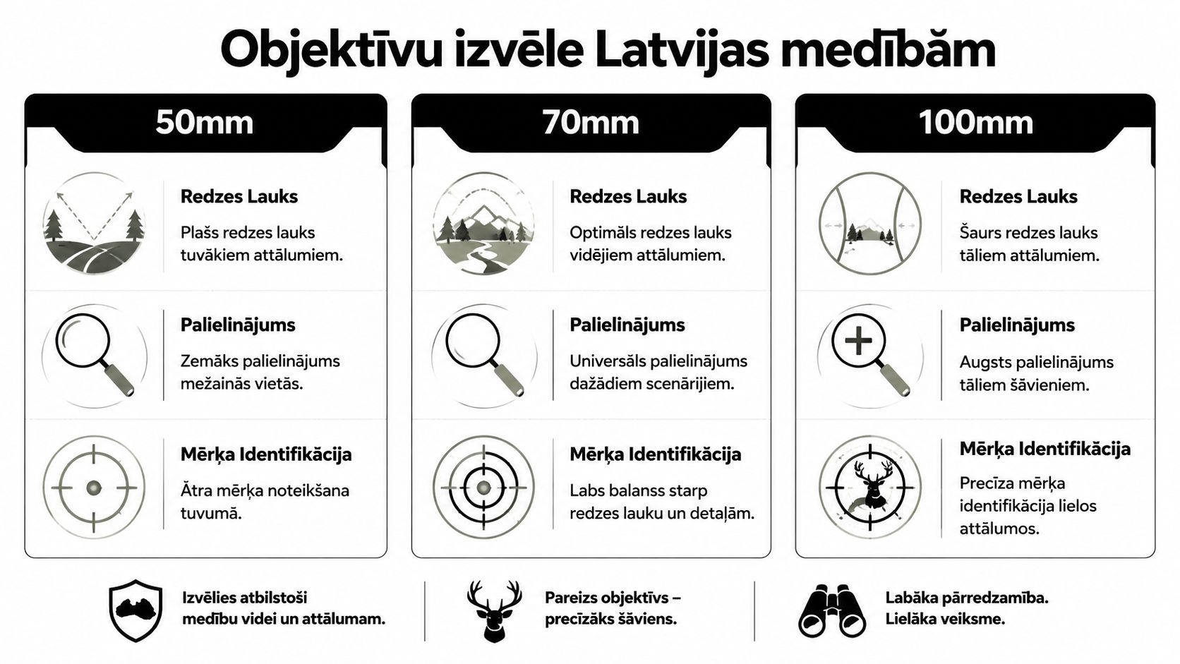 Infografika par objektīvu izvēli medībām, salīdzinot 50mm, 70mm un 100mm lēcas dažādiem medību attālumiem.