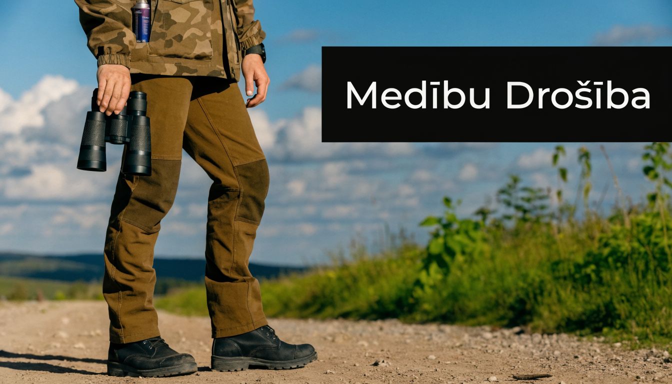 Mednieks kamuflāžas apģērbā stāv uz zemes ceļa, turot rokās binokli un kabatā redzamu piparu gāzes baloniņu.