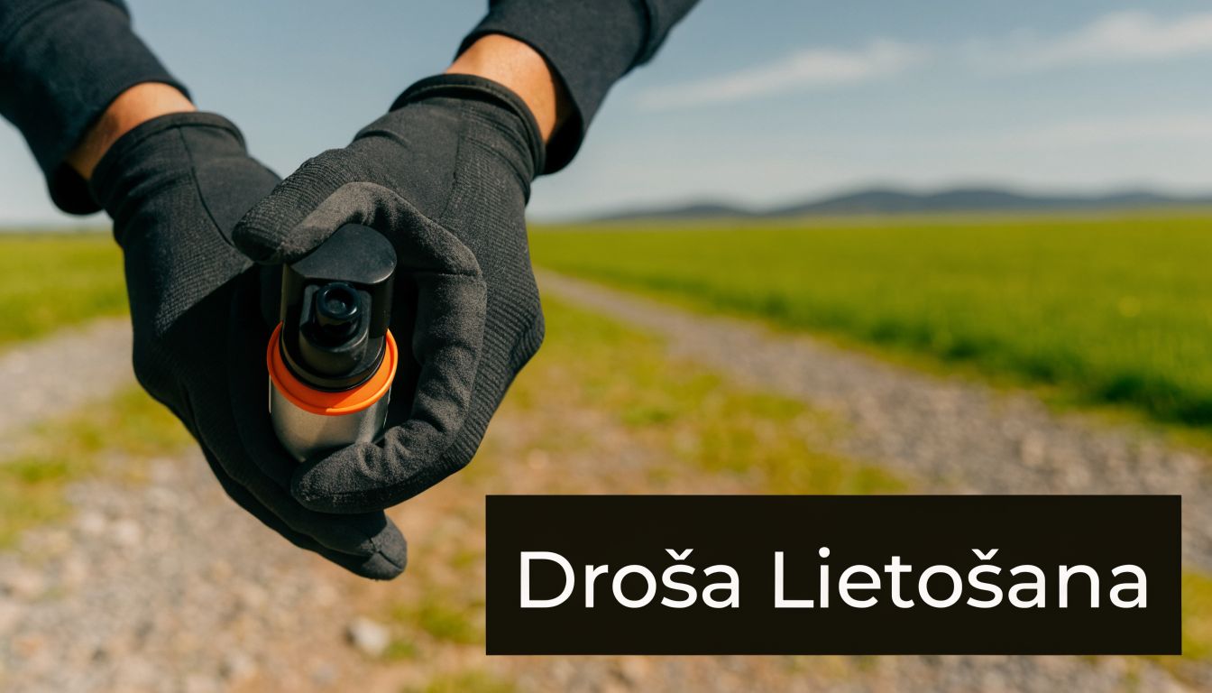 Cilvēks melnos cimdos tur piparu gāzes baloniņu ārpus telpām, gatavojoties drošai tā lietošanai uz lauku ceļa.