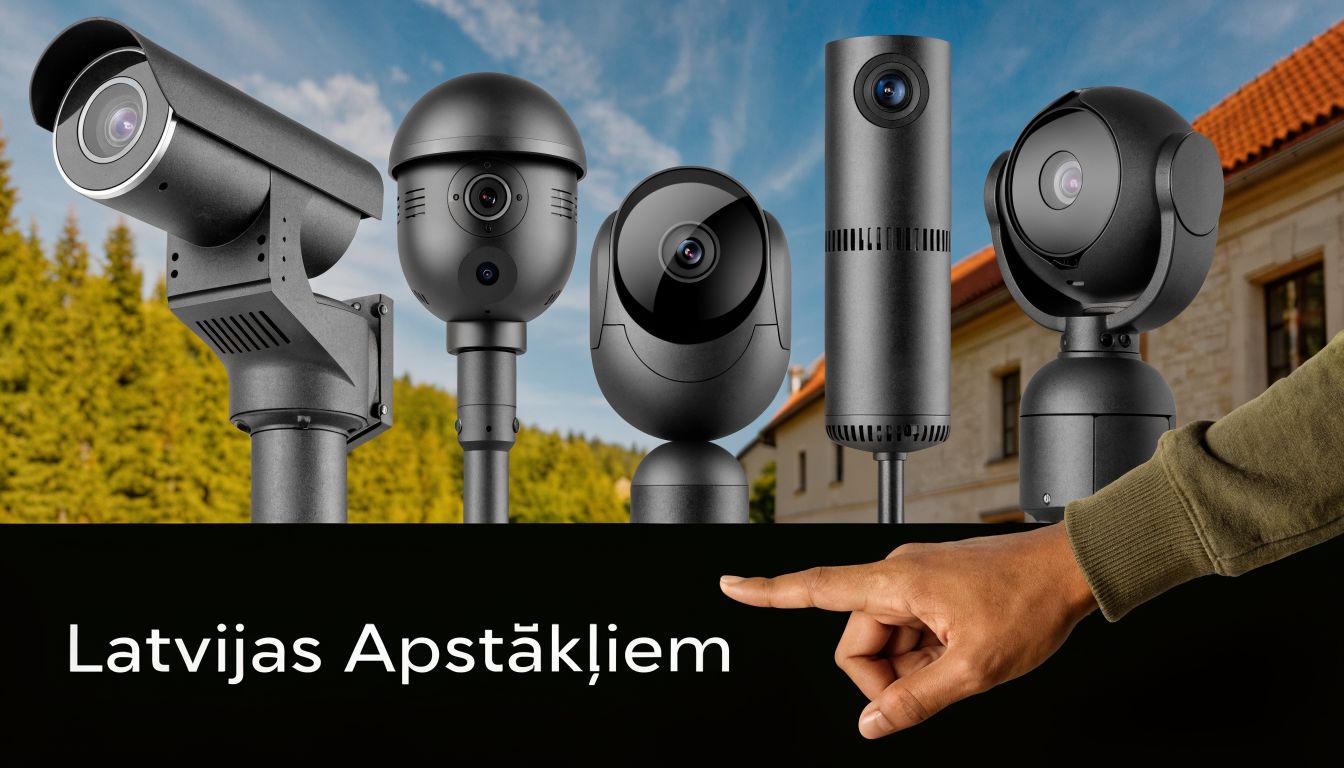 Dažādu veidu drošības novērošanas kameras, kas piemērotas lietošanai dažādos laika apstākļos Latvijā ar norādošo roku.
