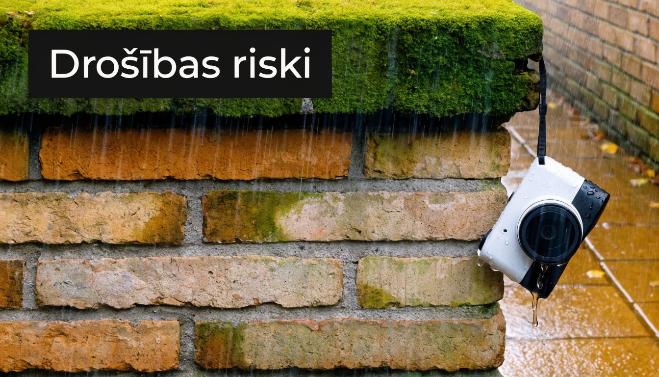 Video novērošanas kamera ar SIM karti karājas uz lietainas ķieģeļu sienas, ilustrējot iespējamos āra drošības riskus.