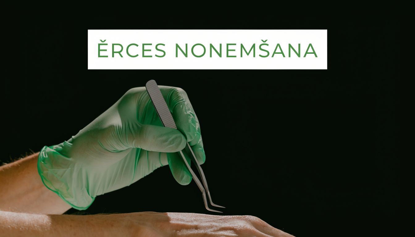 Cilvēks zaļā medicīniskā cimdā ar pinceti gatavojas noņemt ērci no ādas virsmas melnā fonā.