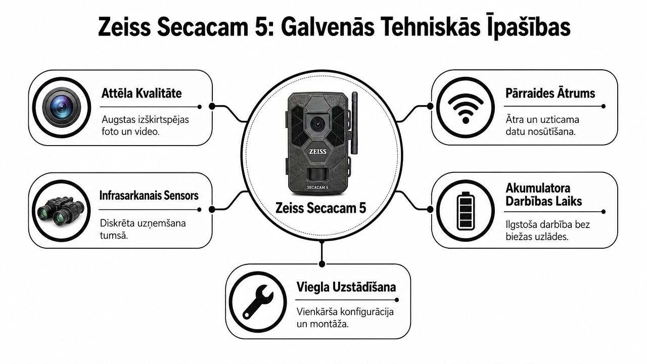 Infografika, kurā parādītas galvenās Zeiss Secacam 5 meža kameras tehniskās specifikācijas un to priekšrocības.