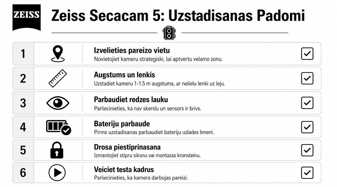 Zeiss Secacam 5 kameras uzstādīšanas padomi, kas parādīti sešos viegli saprotamos un ilustrētos drošības un montāžas soļos.