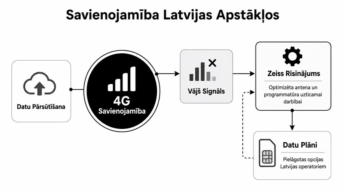 Diagramma par Zeiss Secacam 7 4G savienojamības problēmu risināšanu Latvijas apstākļos ar optimizētām antenām un datu plāniem.