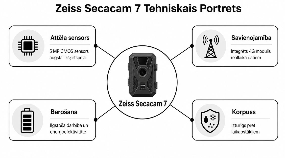 Zeiss Secacam 7 medību kamera ar informāciju par sensora, savienojamības, barošanas un korpusa tehniskajiem parametriem.